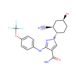 N#C[C@H]1C[C@@H](O)CC[C@@H]1n1cc(C(N)=O)c(Nc2ccc(OC(F)(F)F)cc2)n1 ZINC000205018198