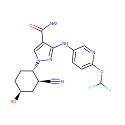 N#C[C@H]1C[C@@H](O)CC[C@@H]1n1cc(C(N)=O)c(Nc2ccc(OC(F)F)nc2)n1 ZINC000204957250