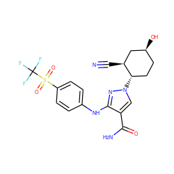 N#C[C@H]1C[C@@H](O)CC[C@@H]1n1cc(C(N)=O)c(Nc2ccc(S(=O)(=O)C(F)(F)F)cc2)n1 ZINC000205062518