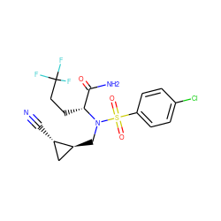 N#C[C@H]1C[C@@H]1CN([C@H](CCC(F)(F)F)C(N)=O)S(=O)(=O)c1ccc(Cl)cc1 ZINC000084709581