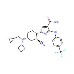 N#C[C@H]1C[C@H](N(CC2CC2)C2CCC2)CC[C@@H]1n1cc(C(N)=O)c(Nc2ccc(C(F)(F)F)cc2)n1 ZINC000221833109