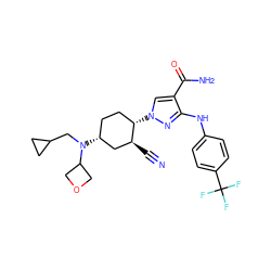 N#C[C@H]1C[C@H](N(CC2CC2)C2COC2)CC[C@@H]1n1cc(C(N)=O)c(Nc2ccc(C(F)(F)F)cc2)n1 ZINC000221151121