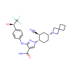 N#C[C@H]1C[C@H](N2CC3(CCC3)C2)CC[C@@H]1n1cc(C(N)=O)c(Nc2ccc([C@@H](O)C(F)(F)F)cc2)n1 ZINC000221857310