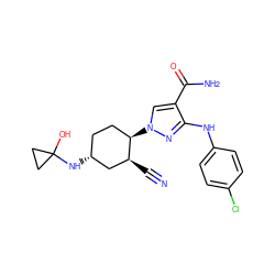 N#C[C@H]1C[C@H](NC2(O)CC2)CC[C@H]1n1cc(C(N)=O)c(Nc2ccc(Cl)cc2)n1 ZINC000261081173