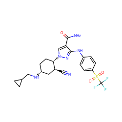 N#C[C@H]1C[C@H](NCC2CC2)CC[C@@H]1n1cc(C(N)=O)c(Nc2ccc(S(=O)(=O)C(F)(F)F)cc2)n1 ZINC000221141505