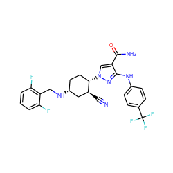 N#C[C@H]1C[C@H](NCc2c(F)cccc2F)CC[C@@H]1n1cc(C(N)=O)c(Nc2ccc(C(F)(F)F)cc2)n1 ZINC000221889724