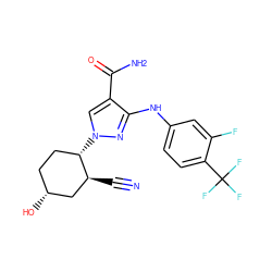 N#C[C@H]1C[C@H](O)CC[C@@H]1n1cc(C(N)=O)c(Nc2ccc(C(F)(F)F)c(F)c2)n1 ZINC000221853507