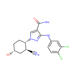 N#C[C@H]1C[C@H](O)CC[C@@H]1n1cc(C(N)=O)c(Nc2ccc(Cl)c(Cl)c2)n1 ZINC000204965776