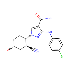 N#C[C@H]1C[C@H](O)CC[C@@H]1n1cc(C(N)=O)c(Nc2ccc(Cl)cc2)n1 ZINC000204965858