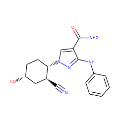 N#C[C@H]1C[C@H](O)CC[C@@H]1n1cc(C(N)=O)c(Nc2ccccc2)n1 ZINC000205054055