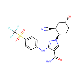 N#C[C@H]1C[C@H](O)CC[C@H]1n1cc(C(N)=O)c(Nc2ccc(S(=O)(=O)C(F)(F)F)cc2)n1 ZINC000205062536