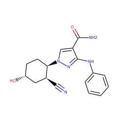 N#C[C@H]1C[C@H](O)CC[C@H]1n1cc(C(N)=O)c(Nc2ccccc2)n1 ZINC000205054036