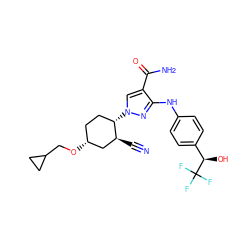 N#C[C@H]1C[C@H](OCC2CC2)CC[C@@H]1n1cc(C(N)=O)c(Nc2ccc([C@@H](O)C(F)(F)F)cc2)n1 ZINC000221852444