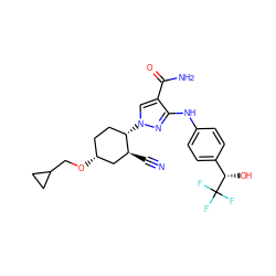 N#C[C@H]1C[C@H](OCC2CC2)CC[C@@H]1n1cc(C(N)=O)c(Nc2ccc([C@H](O)C(F)(F)F)cc2)n1 ZINC000221879099