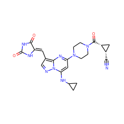 N#C[C@H]1C[C@H]1C(=O)N1CCN(c2cc(NC3CC3)n3ncc(/C=C4\NC(=O)NC4=O)c3n2)CC1 ZINC000145506809