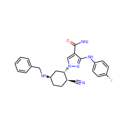 N#C[C@H]1CC[C@@H](NCc2ccccc2)C[C@@H]1n1cc(C(N)=O)c(Nc2ccc(F)cc2)n1 ZINC000221849875