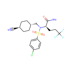 N#C[C@H]1CC[C@H](CN([C@H](CCC(F)(F)F)C(N)=O)S(=O)(=O)c2ccc(Cl)cc2)CC1 ZINC000254153356