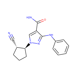 N#C[C@H]1CCC[C@@H]1n1cc(C(N)=O)c(Nc2ccccc2)n1 ZINC000205045814