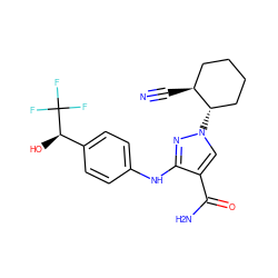 N#C[C@H]1CCCC[C@@H]1n1cc(C(N)=O)c(Nc2ccc([C@@H](O)C(F)(F)F)cc2)n1 ZINC000221091595