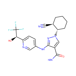 N#C[C@H]1CCCC[C@@H]1n1cc(C(N)=O)c(Nc2ccc([C@@H](O)C(F)(F)F)nc2)n1 ZINC000221831132