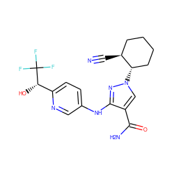 N#C[C@H]1CCCC[C@@H]1n1cc(C(N)=O)c(Nc2ccc([C@H](O)C(F)(F)F)nc2)n1 ZINC000221175728