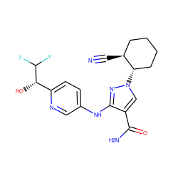 N#C[C@H]1CCCC[C@@H]1n1cc(C(N)=O)c(Nc2ccc([C@H](O)C(F)F)nc2)n1 ZINC000205072431