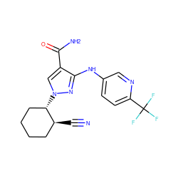 N#C[C@H]1CCCC[C@@H]1n1cc(C(N)=O)c(Nc2ccc(C(F)(F)F)nc2)n1 ZINC000221206699