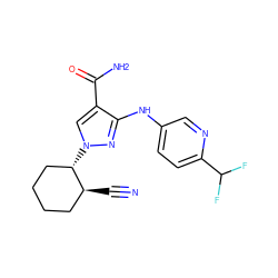 N#C[C@H]1CCCC[C@@H]1n1cc(C(N)=O)c(Nc2ccc(C(F)F)nc2)n1 ZINC000204937284