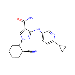 N#C[C@H]1CCCC[C@@H]1n1cc(C(N)=O)c(Nc2ccc(C3CC3)nc2)n1 ZINC000221087548