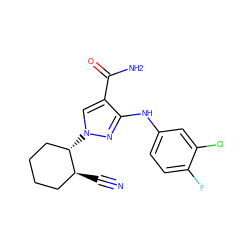 N#C[C@H]1CCCC[C@@H]1n1cc(C(N)=O)c(Nc2ccc(F)c(Cl)c2)n1 ZINC000221148536