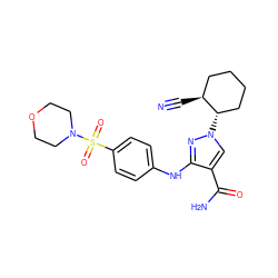 N#C[C@H]1CCCC[C@@H]1n1cc(C(N)=O)c(Nc2ccc(S(=O)(=O)N3CCOCC3)cc2)n1 ZINC000221163170