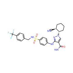 N#C[C@H]1CCCC[C@@H]1n1cc(C(N)=O)c(Nc2ccc(S(=O)(=O)NCc3ccc(C(F)(F)F)cc3)cc2)n1 ZINC000221155347