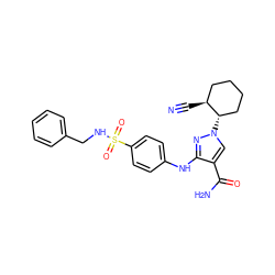 N#C[C@H]1CCCC[C@@H]1n1cc(C(N)=O)c(Nc2ccc(S(=O)(=O)NCc3ccccc3)cc2)n1 ZINC000221176663