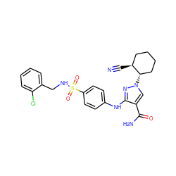 N#C[C@H]1CCCC[C@@H]1n1cc(C(N)=O)c(Nc2ccc(S(=O)(=O)NCc3ccccc3Cl)cc2)n1 ZINC000261182442