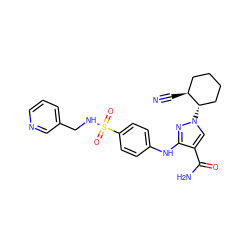 N#C[C@H]1CCCC[C@@H]1n1cc(C(N)=O)c(Nc2ccc(S(=O)(=O)NCc3cccnc3)cc2)n1 ZINC000221840760