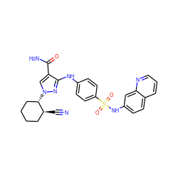 N#C[C@H]1CCCC[C@@H]1n1cc(C(N)=O)c(Nc2ccc(S(=O)(=O)Nc3ccc4cccnc4c3)cc2)n1 ZINC000221217237