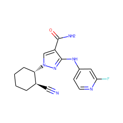 N#C[C@H]1CCCC[C@@H]1n1cc(C(N)=O)c(Nc2ccnc(F)c2)n1 ZINC000221146773