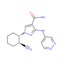 N#C[C@H]1CCCC[C@@H]1n1cc(C(N)=O)c(Nc2ccnnc2)n1 ZINC000221154481