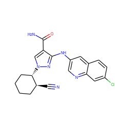 N#C[C@H]1CCCC[C@@H]1n1cc(C(N)=O)c(Nc2cnc3cc(Cl)ccc3c2)n1 ZINC000221170745