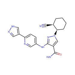 N#C[C@H]1CCCC[C@H]1n1cc(C(N)=O)c(Nc2ccc(-c3cn[nH]c3)nc2)n1 ZINC000204957152