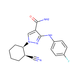 N#C[C@H]1CCCC[C@H]1n1cc(C(N)=O)c(Nc2ccc(F)cc2)n1 ZINC000221194273