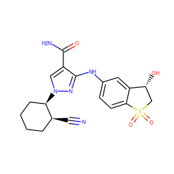 N#C[C@H]1CCCC[C@H]1n1cc(C(N)=O)c(Nc2ccc3c(c2)[C@H](O)CS3(=O)=O)n1 ZINC000221817896