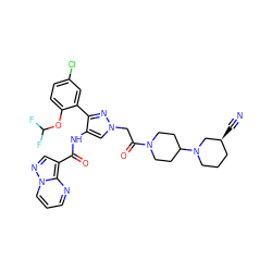 N#C[C@H]1CCCN(C2CCN(C(=O)Cn3cc(NC(=O)c4cnn5cccnc45)c(-c4cc(Cl)ccc4OC(F)F)n3)CC2)C1 ZINC001772656062