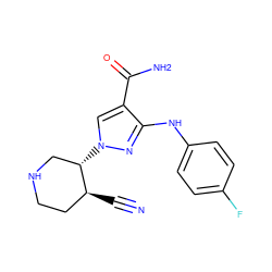 N#C[C@H]1CCNC[C@@H]1n1cc(C(N)=O)c(Nc2ccc(F)cc2)n1 ZINC000205011949