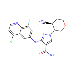 N#C[C@H]1CCOC[C@@H]1n1cc(C(N)=O)c(Nc2cc(F)c3nccc(Cl)c3c2)n1 ZINC001772642044