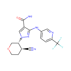 N#C[C@H]1CCOC[C@@H]1n1cc(C(N)=O)c(Nc2ccc(C(F)(F)F)nc2)n1 ZINC000204968243