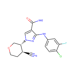 N#C[C@H]1CCOC[C@@H]1n1cc(C(N)=O)c(Nc2ccc(Cl)c(F)c2)n1 ZINC000204977136