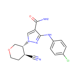 N#C[C@H]1CCOC[C@@H]1n1cc(C(N)=O)c(Nc2ccc(Cl)cc2)n1 ZINC000204985782