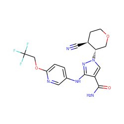 N#C[C@H]1CCOC[C@@H]1n1cc(C(N)=O)c(Nc2ccc(OCC(F)(F)F)nc2)n1 ZINC000220639331