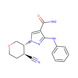 N#C[C@H]1CCOC[C@@H]1n1cc(C(N)=O)c(Nc2ccccc2)n1 ZINC000221263870